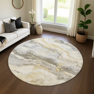 HomeRoots 8' Gold Gray And Ivory Abstract Washable Round Rug - Durable, UV-Protected, Stylish & Easy to Clean! 697857