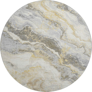 HomeRoots 8' Gold Gray And Ivory Abstract Washable Round Rug - Durable, UV-Protected, Stylish & Easy to Clean! 697857