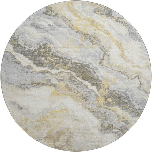 HomeRoots 8' Gold Gray And Ivory Abstract Washable Round Rug - Durable, UV-Protected, Stylish & Easy to Clean! 697857