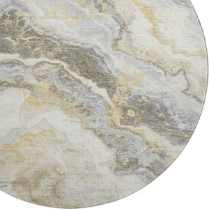 HomeRoots 8' Gold Gray And Ivory Abstract Washable Round Rug - Durable, UV-Protected, Stylish & Easy to Clean! 697857