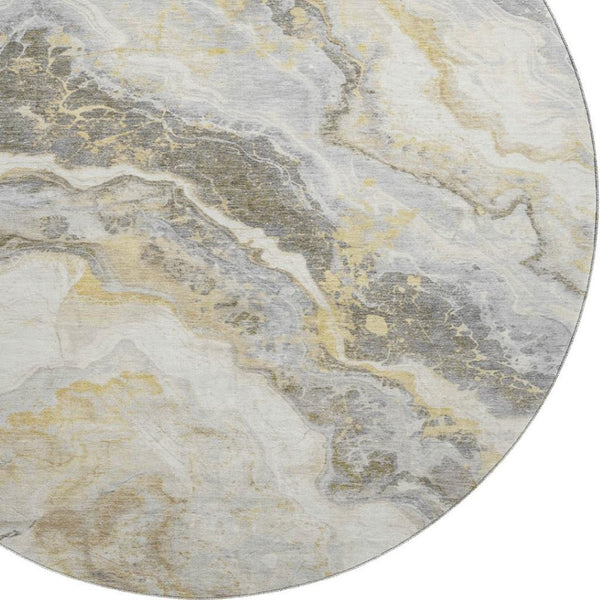HomeRoots 8' Gold Gray And Ivory Abstract Washable Round Rug - Durable, UV-Protected, Stylish & Easy to Clean! 697857