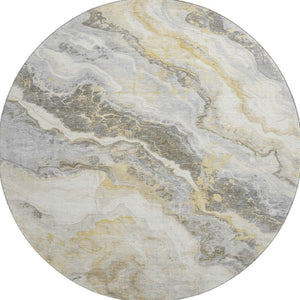 HomeRoots 8' Gold Gray And Ivory Abstract Washable Round Rug - Durable, UV-Protected, Stylish & Easy to Clean! 697857
