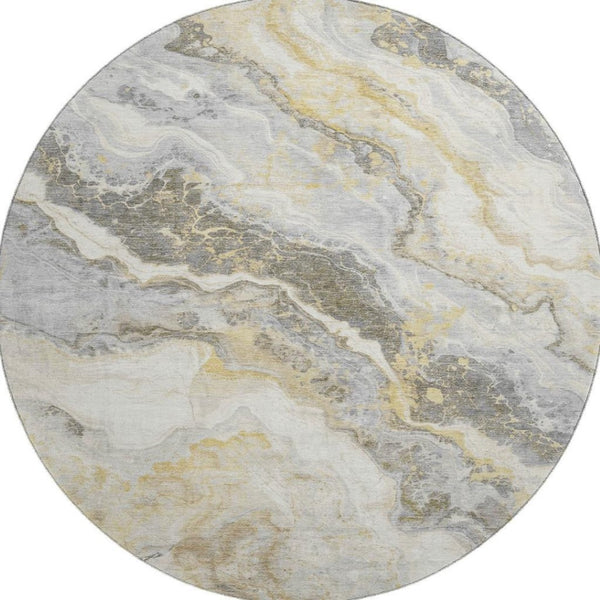 HomeRoots 8' Gold Gray And Ivory Abstract Washable Round Rug - Durable, UV-Protected, Stylish & Easy to Clean! 697857