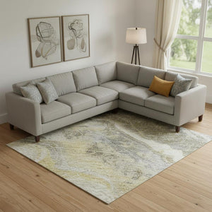 HomeRoots 9' X 12' Contemporary Gold Gray Ivory Washable Area Rug - Durable, Stain-Resistant, UV Protected Design 697859
