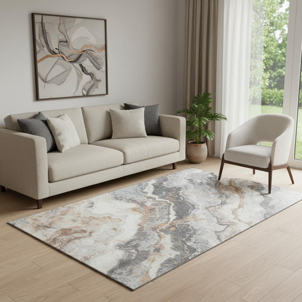 HomeRoots 5' X 8' Stylish Silver Gray & Copper Abstract Washable Rug with UV Protection for Modern Homes 697862