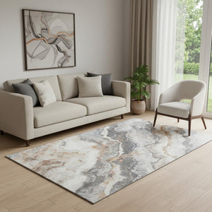 HomeRoots 5' X 8' Stylish Silver Gray & Copper Abstract Washable Rug with UV Protection for Modern Homes 697862