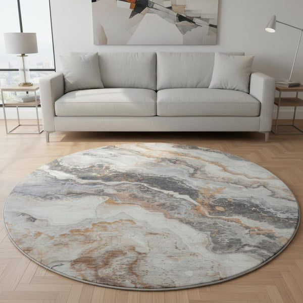 HomeRoots 8' Stunning Silver Gray & Copper Abstract Washable Round Rug with UV Protection for Modern Homes 697863