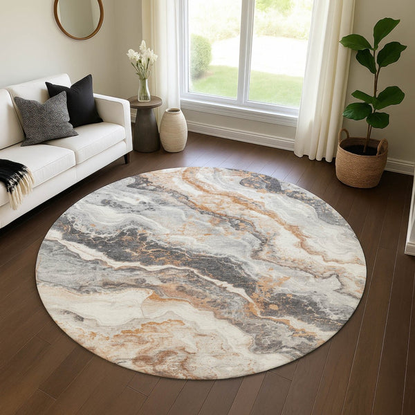 HomeRoots 8' Stunning Silver Gray & Copper Abstract Washable Round Rug with UV Protection for Modern Homes 697863