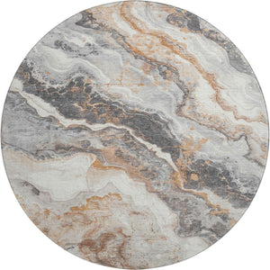 HomeRoots 8' Stunning Silver Gray & Copper Abstract Washable Round Rug with UV Protection for Modern Homes 697863
