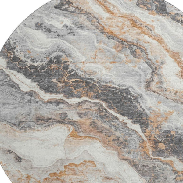 HomeRoots 8' Stunning Silver Gray & Copper Abstract Washable Round Rug with UV Protection for Modern Homes 697863