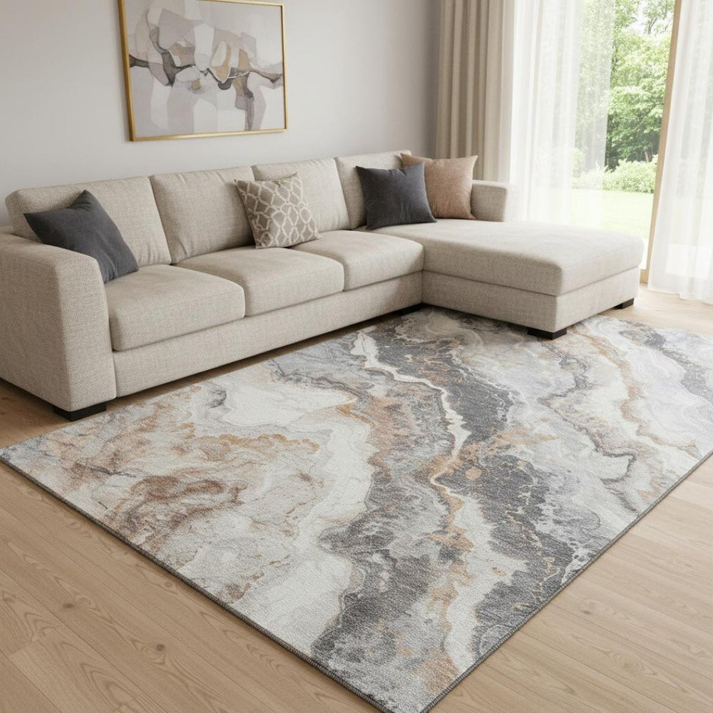 HomeRoots 8' X 10' Stylish Silver Gray & Copper Abstract Washable Area Rug with UV Protection & Non-Slip Backing 697864