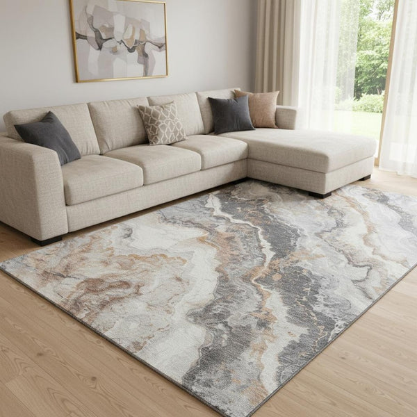 HomeRoots 8' X 10' Stylish Silver Gray & Copper Abstract Washable Area Rug with UV Protection & Non-Slip Backing 697864