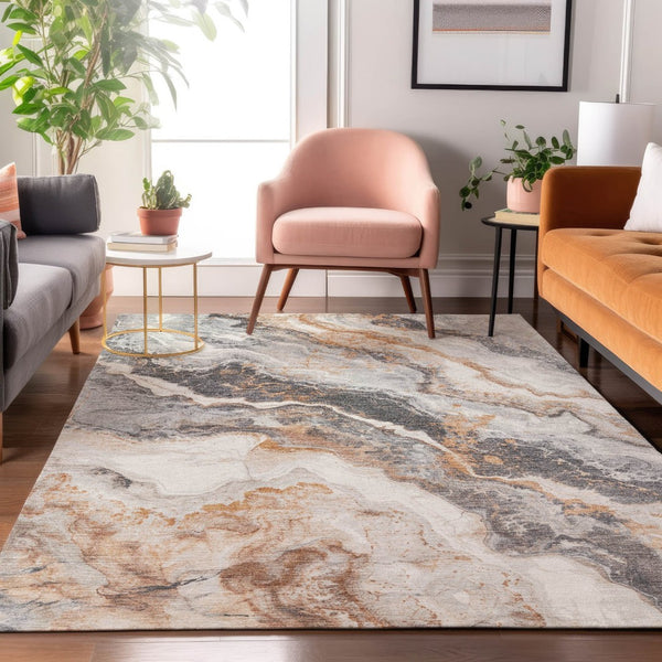 HomeRoots 8' X 10' Stylish Silver Gray & Copper Abstract Washable Area Rug with UV Protection & Non-Slip Backing 697864