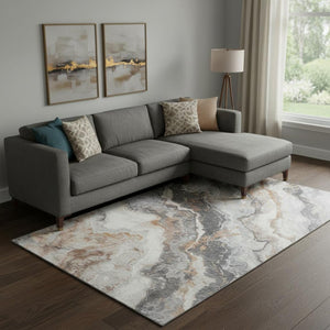HomeRoots 9' X 12' Stylish Silver Gray & Copper Abstract Area Rug - Washable, Stain-Resistant, UV Protected! 697865