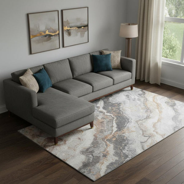 HomeRoots 10' X 14' Silver Gray & Copper Abstract Area Rug - Washable, Stain Resistant, UV Protection & Soft Feel 697866