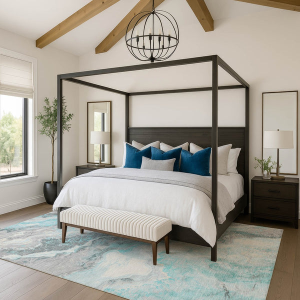 HomeRoots 5' X 8' Teal Gray Silver Abstract Area Rug - Washable, UV Protected, Durable, Modern Design for Homes 697868
