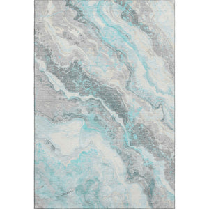HomeRoots 5' X 8' Teal Gray Silver Abstract Area Rug - Washable, UV Protected, Durable, Modern Design for Homes 697868