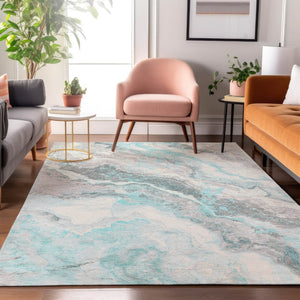 HomeRoots 5' X 8' Teal Gray Silver Abstract Area Rug - Washable, UV Protected, Durable, Modern Design for Homes 697868