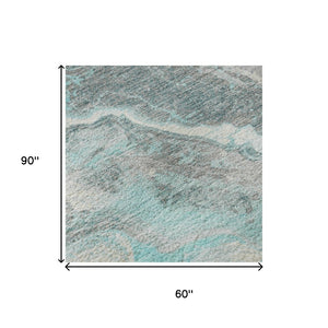 HomeRoots 5' X 8' Teal Gray Silver Abstract Area Rug - Washable, UV Protected, Durable, Modern Design for Homes 697868