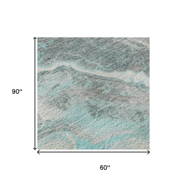 HomeRoots 5' X 8' Teal Gray Silver Abstract Area Rug - Washable, UV Protected, Durable, Modern Design for Homes 697868