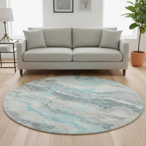 HomeRoots 8' Stylish Teal Gray and Silver Abstract Washable Round Rug with UV Protection for Modern Homes 697869