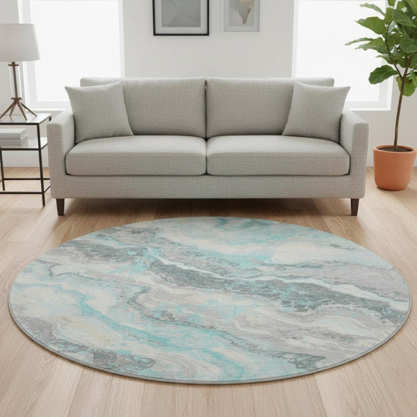 HomeRoots 8' Stylish Teal Gray and Silver Abstract Washable Round Rug with UV Protection for Modern Homes 697869