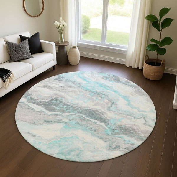 HomeRoots 8' Stylish Teal Gray and Silver Abstract Washable Round Rug with UV Protection for Modern Homes 697869