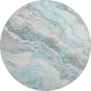 HomeRoots 8' Stylish Teal Gray and Silver Abstract Washable Round Rug with UV Protection for Modern Homes 697869