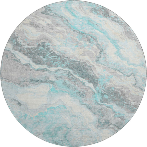 HomeRoots 8' Stylish Teal Gray and Silver Abstract Washable Round Rug with UV Protection for Modern Homes 697869