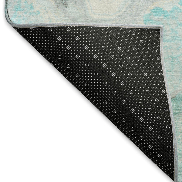 HomeRoots 8' Stylish Teal Gray and Silver Abstract Washable Round Rug with UV Protection for Modern Homes 697869