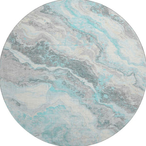 HomeRoots 8' Stylish Teal Gray and Silver Abstract Washable Round Rug with UV Protection for Modern Homes 697869
