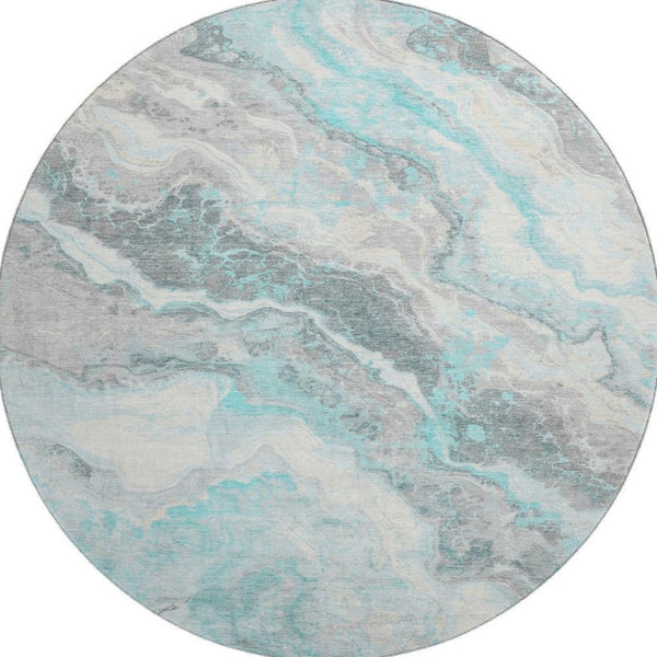 HomeRoots 8' Stylish Teal Gray and Silver Abstract Washable Round Rug with UV Protection for Modern Homes 697869