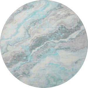 HomeRoots 8' Stylish Teal Gray and Silver Abstract Washable Round Rug with UV Protection for Modern Homes 697869