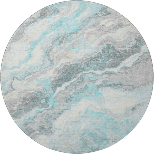 HomeRoots 8' Stylish Teal Gray and Silver Abstract Washable Round Rug with UV Protection for Modern Homes 697869