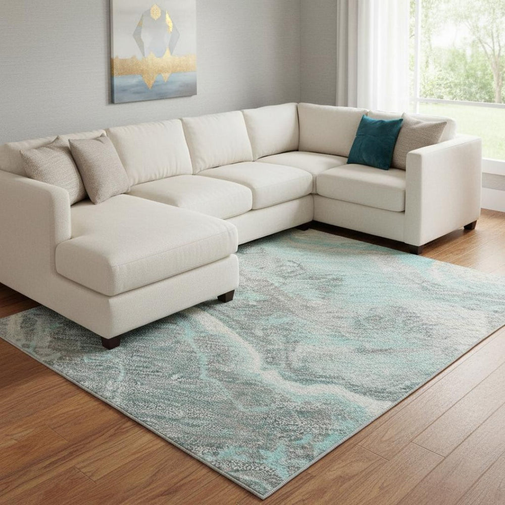 HomeRoots 8' X 10' Modern Teal Gray Silver Abstract Area Rug - Washable, Stain-Resistant, UV Protected Design 697870