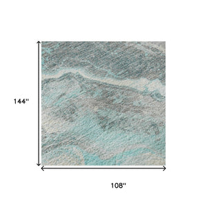 HomeRoots 9' X 12' Abstract Teal Gray Silver Washable Area Rug with UV Protection for Modern Living Spaces 697871
