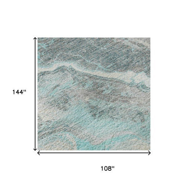 HomeRoots 9' X 12' Abstract Teal Gray Silver Washable Area Rug with UV Protection for Modern Living Spaces 697871