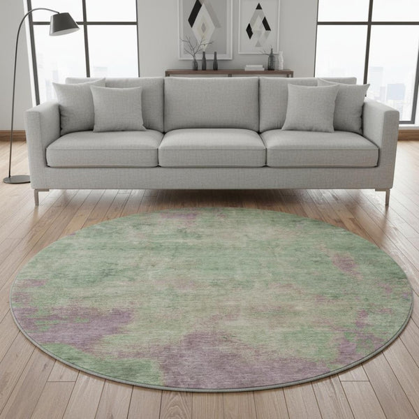 HomeRoots 8' Artichoke Green & Eggplant Abstract Round Rug - Washable, UV-Protected, Stylish for Any Room 697875