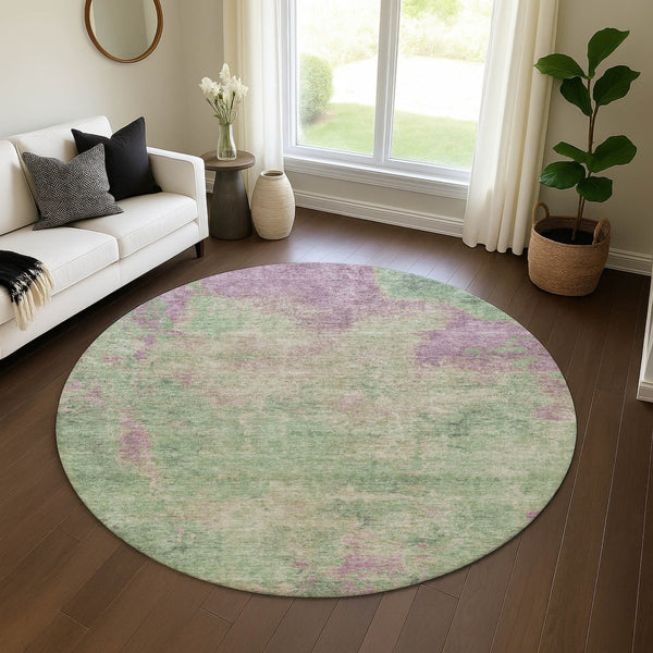 HomeRoots 8' Artichoke Green & Eggplant Abstract Round Rug - Washable, UV-Protected, Stylish for Any Room 697875