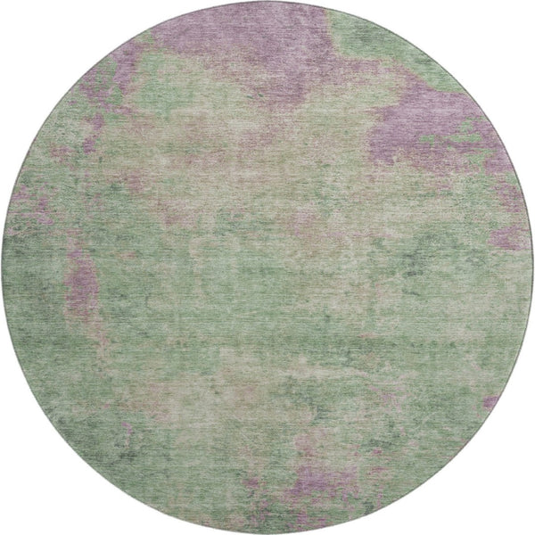 HomeRoots 8' Artichoke Green & Eggplant Abstract Round Rug - Washable, UV-Protected, Stylish for Any Room 697875