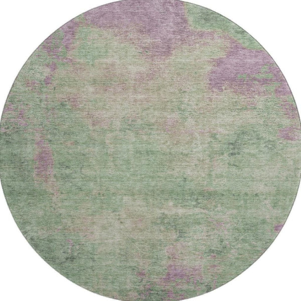 HomeRoots 8' Artichoke Green & Eggplant Abstract Round Rug - Washable, UV-Protected, Stylish for Any Room 697875