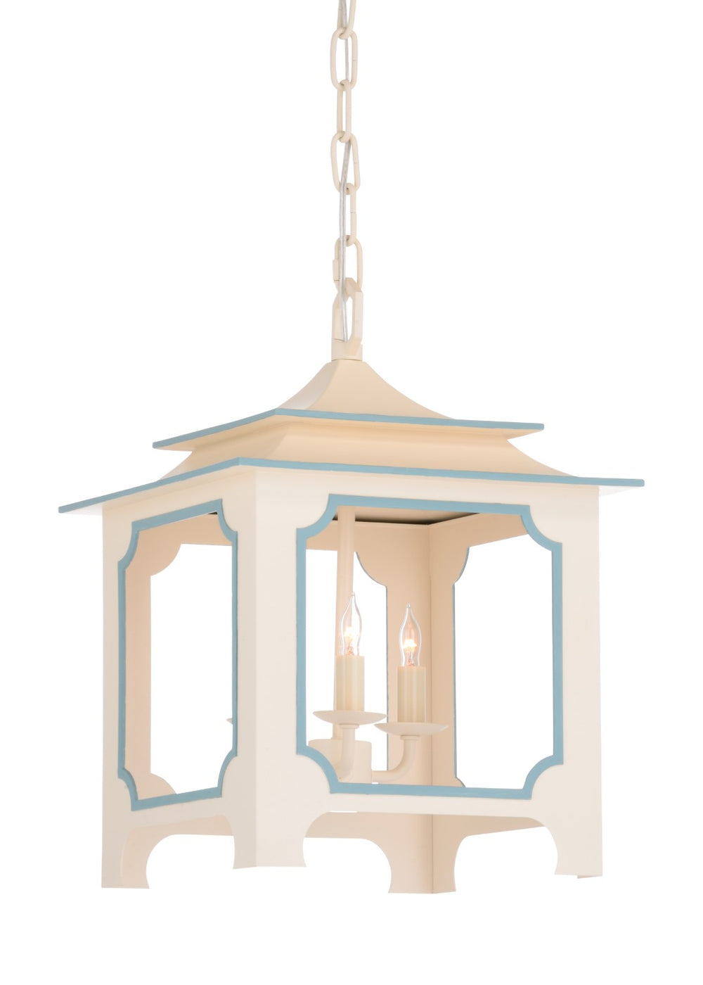 Chelsea House Tole Cream Pagoda Lantern By Claire Bell — 18" Lacquered Iron Pendant With Blue Trim, Chain Included 69788
