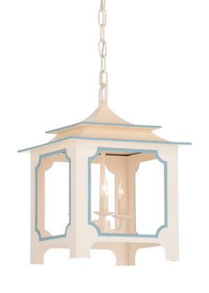 Chelsea House Tole Cream Pagoda Lantern By Claire Bell — 18" Lacquered Iron Pendant With Blue Trim, Chain Included 69788