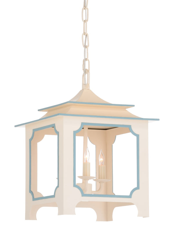 Chelsea House Tole Cream Pagoda Lantern By Claire Bell — 18" Lacquered Iron Pendant With Blue Trim, Chain Included 69788