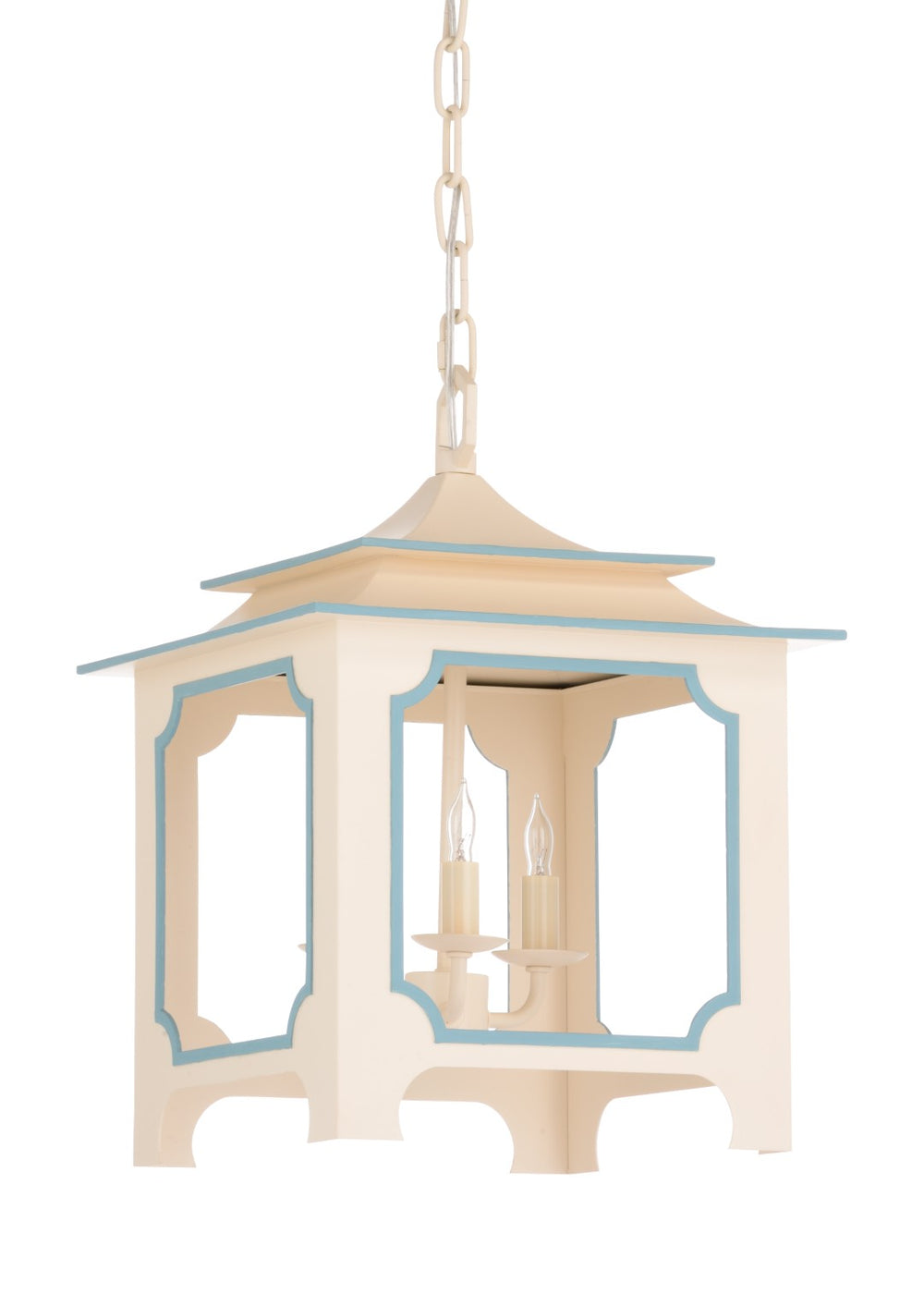 Chelsea House Tole Cream Pagoda Lantern By Claire Bell — 18" Lacquered Iron Pendant With Blue Trim, Chain Included 69788