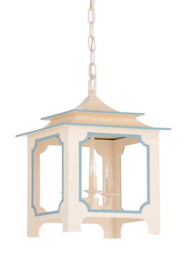 Chelsea House Tole Cream Pagoda Lantern By Claire Bell — 18" Lacquered Iron Pendant With Blue Trim, Chain Included 69788