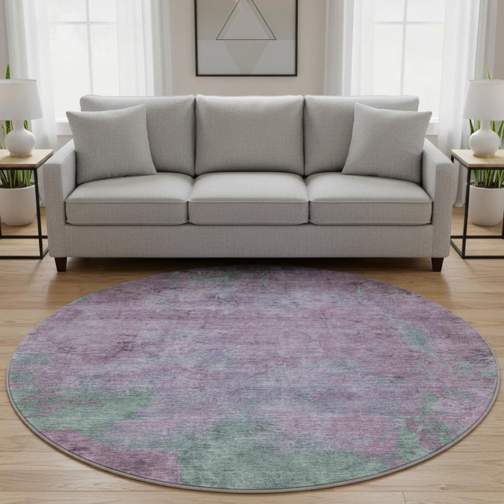HomeRoots 8' Abstract Lavender and Teal Round Rug - Washable, UV-Protected, Stain-Resistant for Stylish Spaces 697881