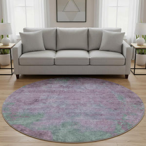 HomeRoots 8' Abstract Lavender and Teal Round Rug - Washable, UV-Protected, Stain-Resistant for Stylish Spaces 697881