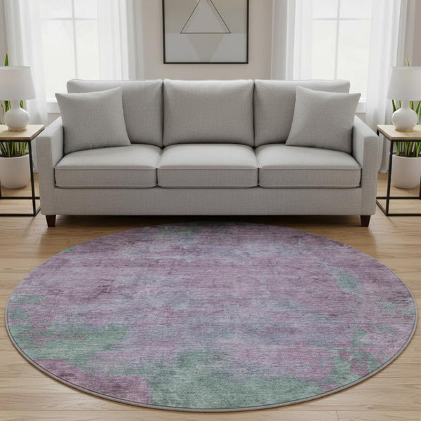 HomeRoots 8' Abstract Lavender and Teal Round Rug - Washable, UV-Protected, Stain-Resistant for Stylish Spaces 697881