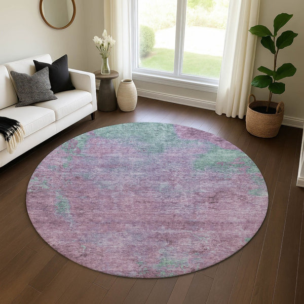 HomeRoots 8' Abstract Lavender and Teal Round Rug - Washable, UV-Protected, Stain-Resistant for Stylish Spaces 697881